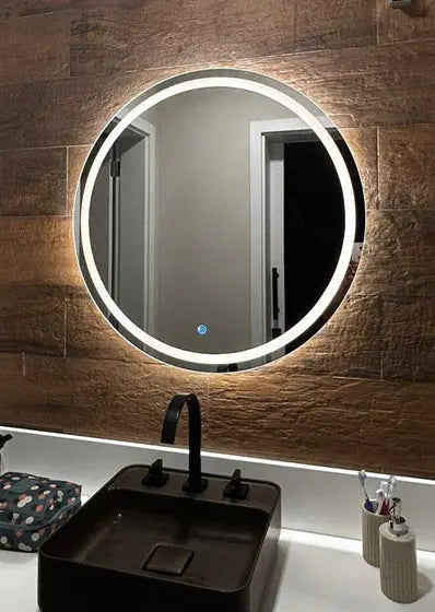 Miroir ROND BLASTÉ éclairé avec LED et bouton à écran tactile
